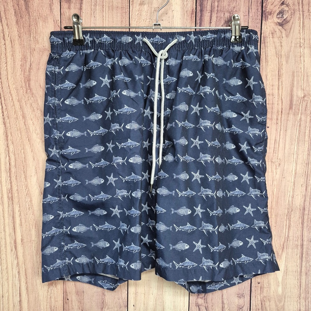 Kirkland Signature Mens Navy Blue Fish Starfish Print Swim Trunks Medium‎
